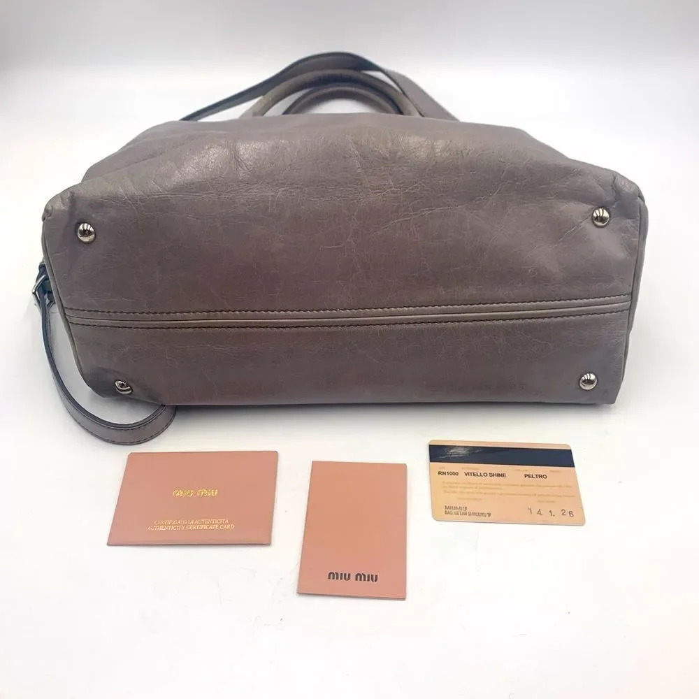 Authentic Miu Miu Vitello Shine Peltro Gray Leather 2way Satchel Preloved